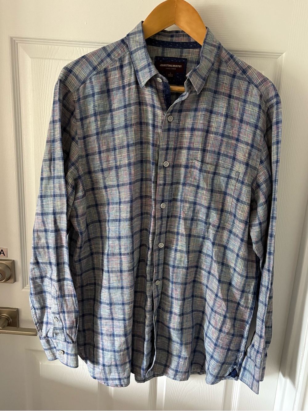 Johnston & Murphy Men’s Outline Grid Plaid Linen-Blend Button Down Shirt L